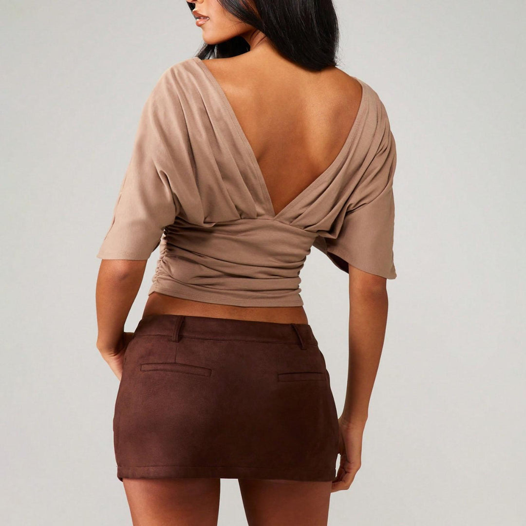 Dolman Sleeve Cinched Waist Top Deep V Neck Side Ruched Sexy Dolman Sleeve Blouses Going Out Tops for Leisure innate