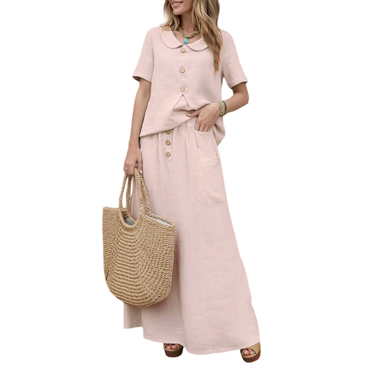 2 Piece Skirt Set Solid Cotton Two Piece Sets Short Sleeve Top and Maxi Skirt Casual Outfit for Daily Wear everywhere