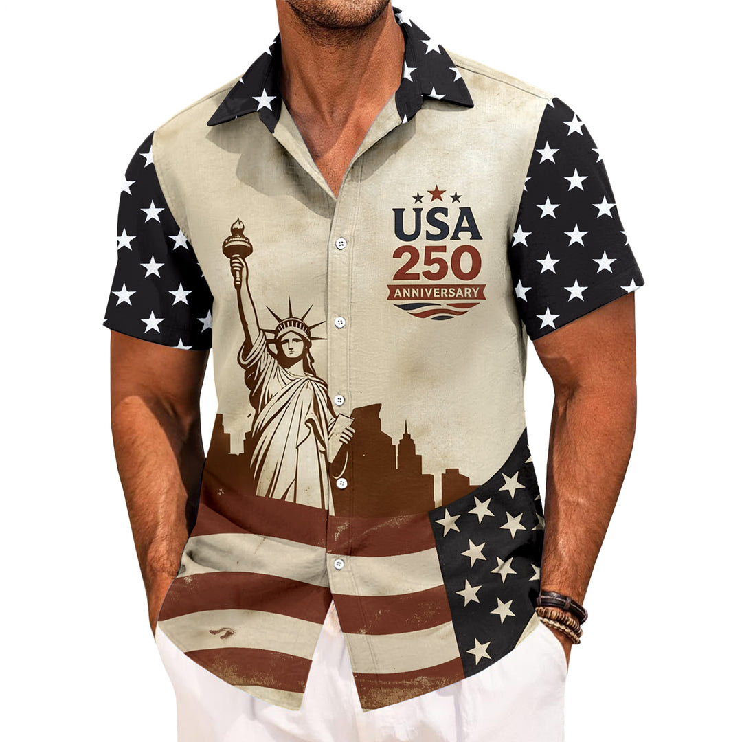 Flag Button Up Shirt Men Eagle Print Short Sleeve Button Down Patriotic Hawaiian Shirts for Parade Party amiable