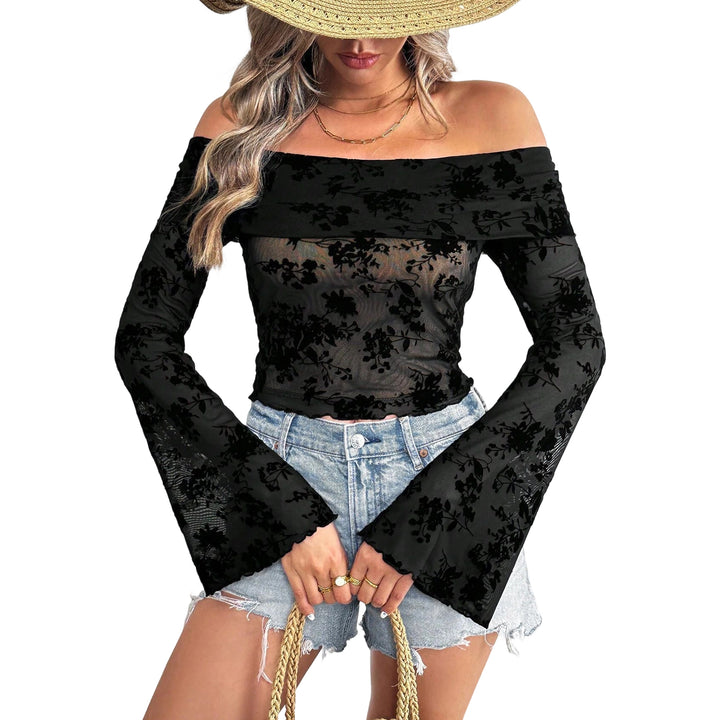 Off The Shoulder Mesh Top Flare Long Sleeve Summer Slim Fit Off Shoulder Flocked Mesh Tops for Daily Wear stylish