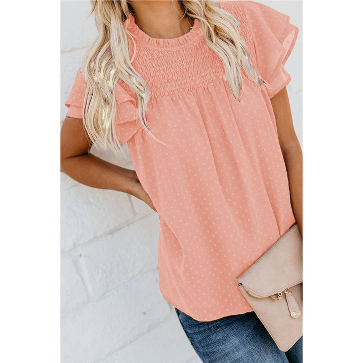 Womens Ruffle Short Sleeve Blouse Dot Smocked Crewneck Summer Flowy Chiffon Shirts Pullover Tops for Travel expedient