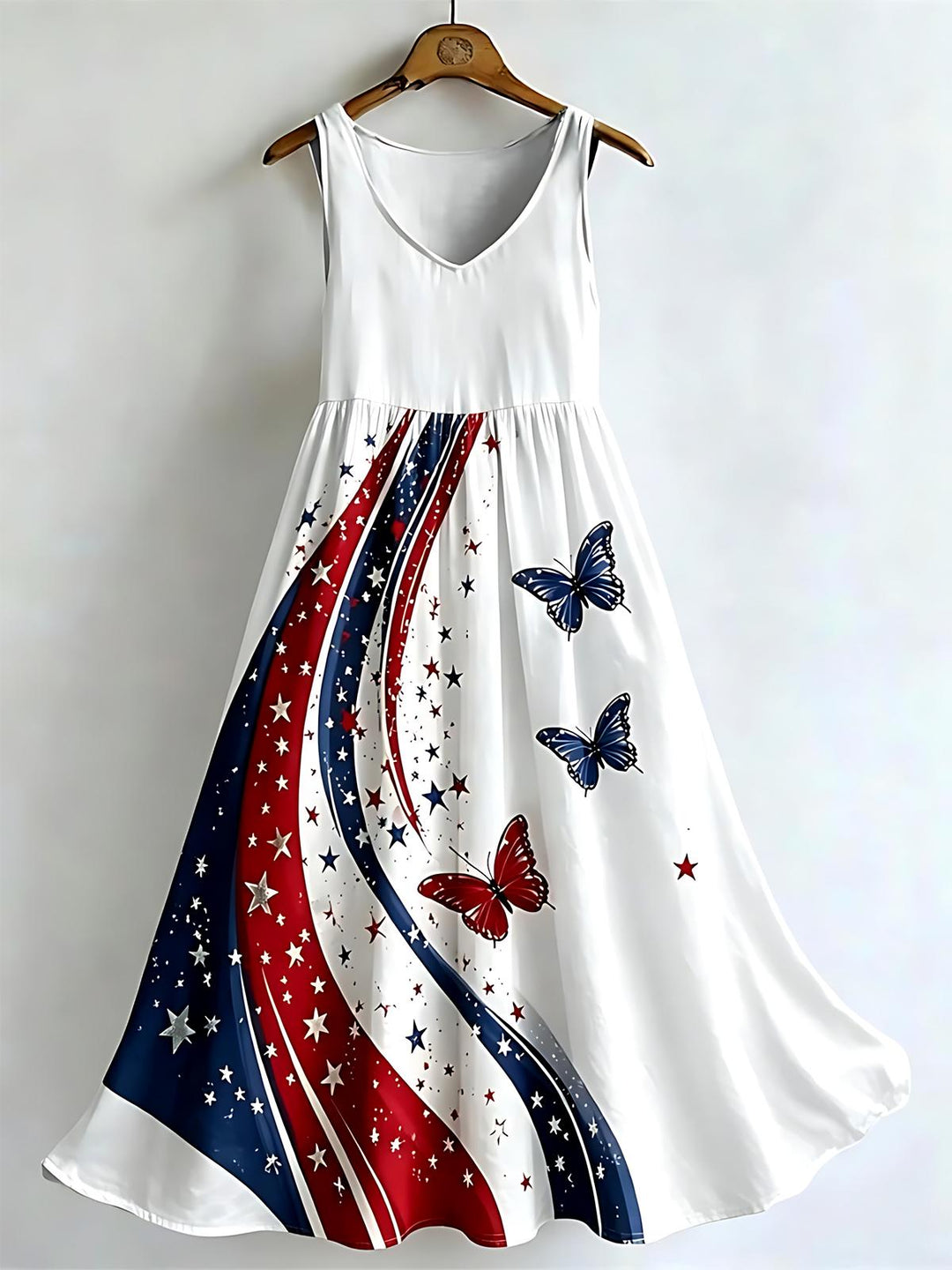 Independence Butterfly Women's V Neck Bamboo Linen Sleeveless Dress