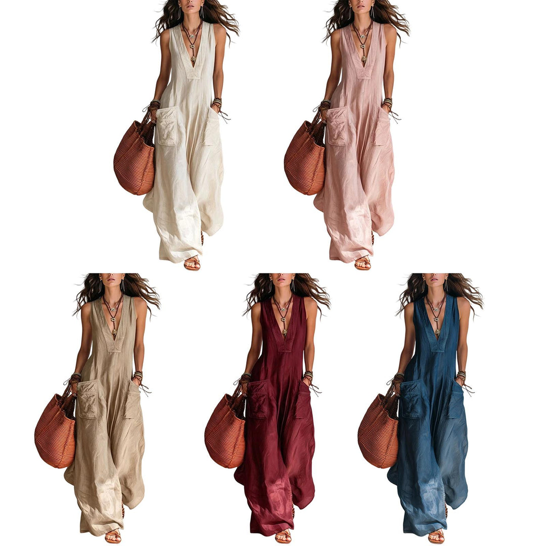 Wide Leg Jumpsuit for Women V Neck Summer Sleeveless Jumpsuits Long Overalls with Pockets for Streetwear gaudily