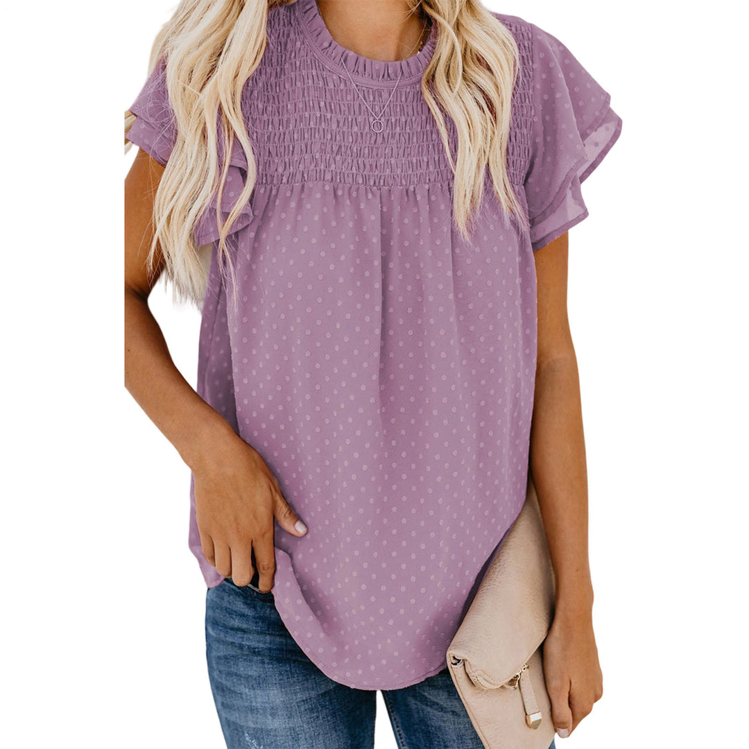 Womens Ruffle Short Sleeve Blouse Dot Smocked Crewneck Summer Flowy Chiffon Shirts Pullover Tops for Travel expedient