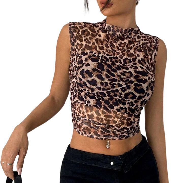 Leopard Print Tank Tops for Women Mock Neck Sleeveless Crop Tops Fitted Sexy Cheetah Print Tank for Travel fit