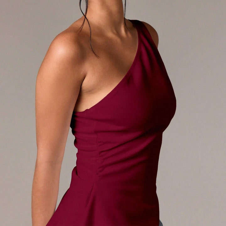 Off Shoulder Ruffle Top Asymmetrical Neck Summer Going Out Sexy Elegant Ruched Sleeveless Tops for Datng friendly