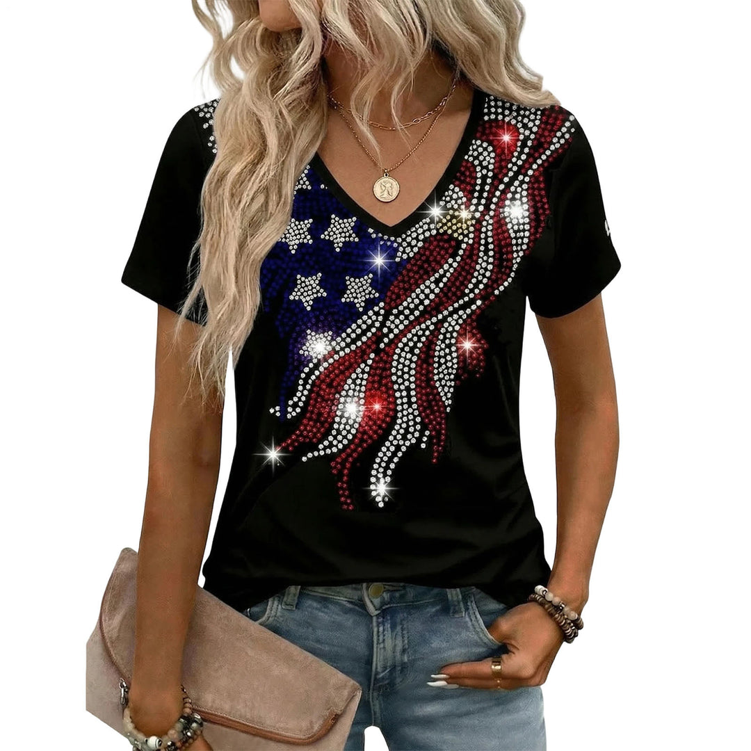 July 4th Shirts for Women Rhinestone V Neck 4th of July T Shirts 250th Birthday Patriotic Flag Tees for Daily well-liked