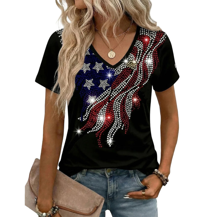 July 4th Shirts for Women Rhinestone V Neck 4th of July T Shirts 250th Birthday Patriotic Flag Tees for Daily well-liked