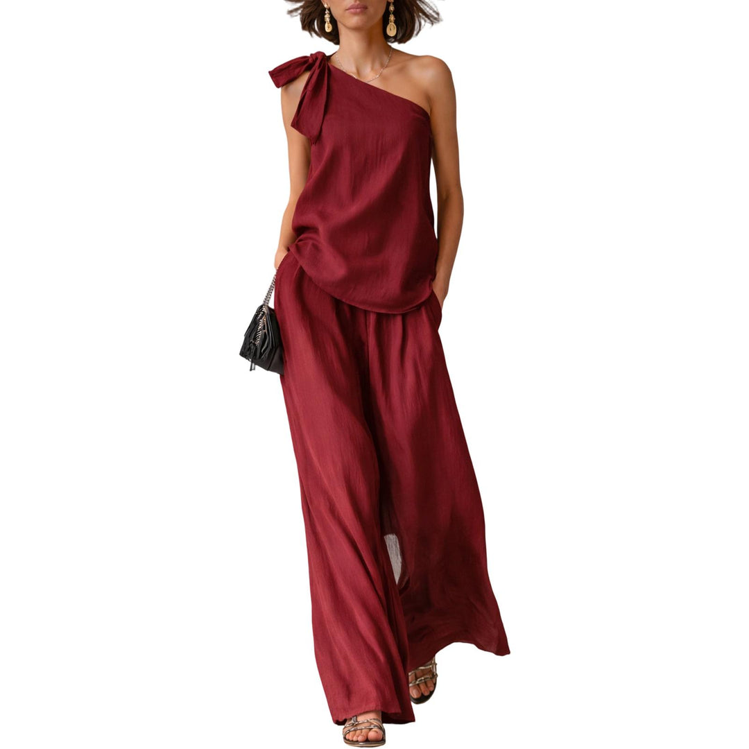 Summer Outfits for Women 2 Piece Set Off Shoulder Asymmetrical Neck Tank Tops Wide Leg Pants Set for Travel refined