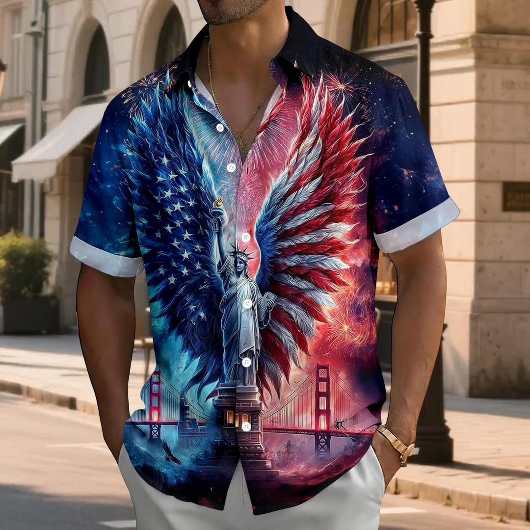 Flag Button Up Shirt Men Eagle Print Short Sleeve Button Down Patriotic Hawaiian Shirts for Parade Party amiable