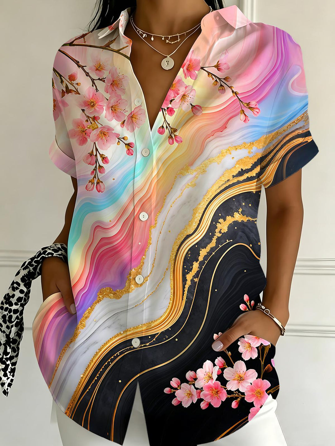 Art Flower Gradient Gold Foil Fluid Abstract Women's Short Sleeve Shirts