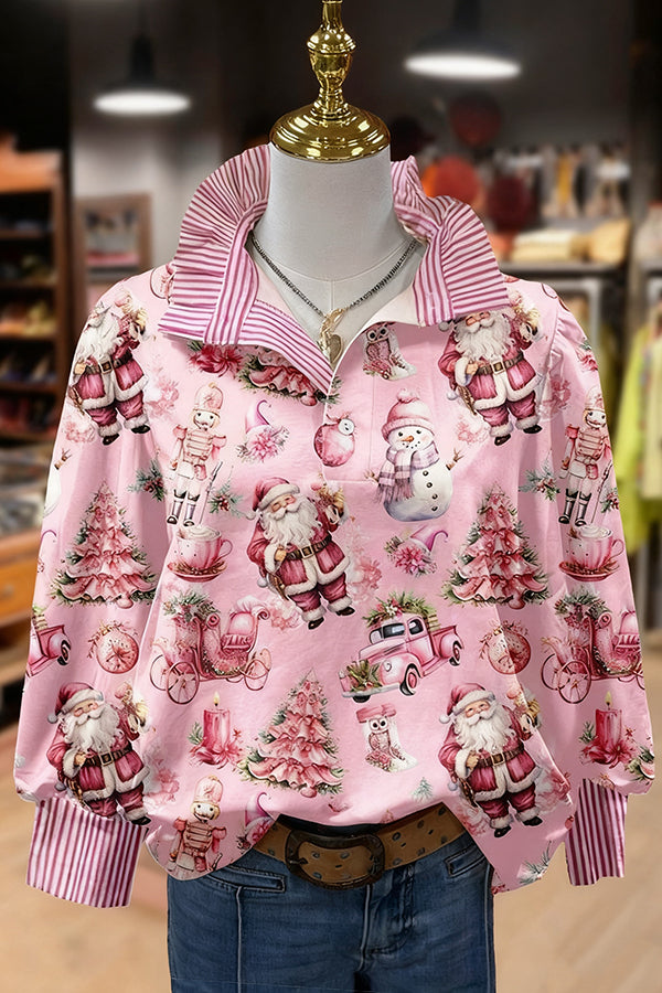 Chic Christmas Santa Print Striped Long Sleeve Top