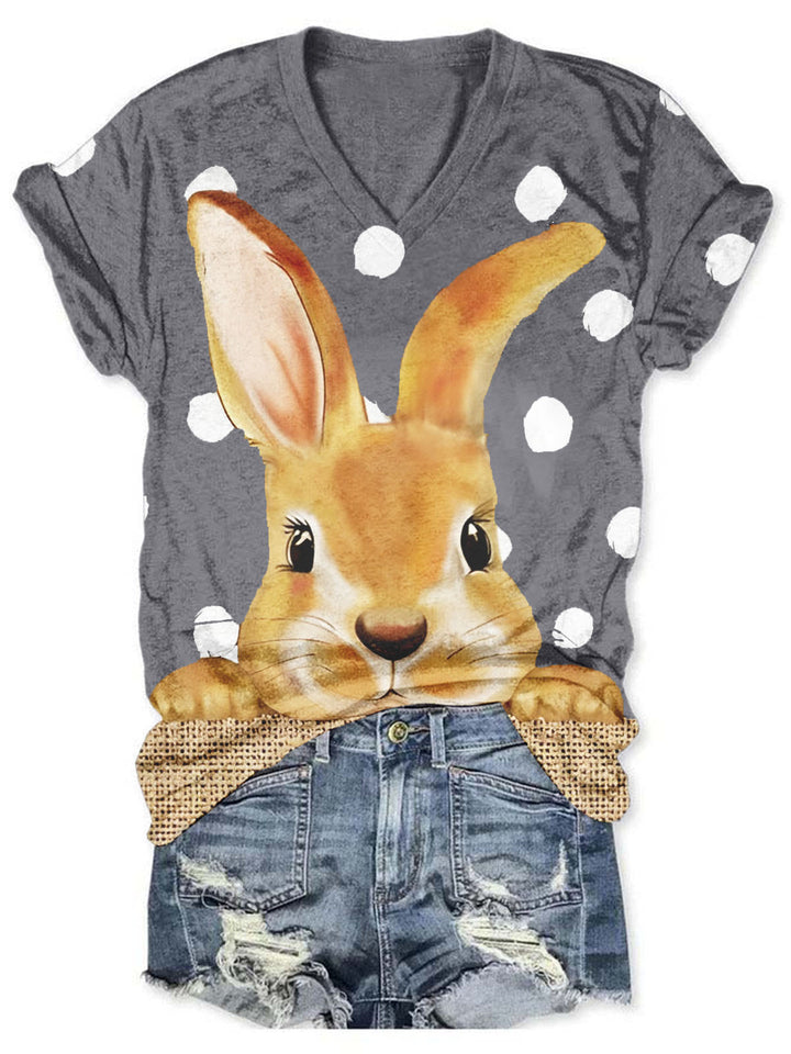 Women's V Neck Bunny Print Easter T-Shirt