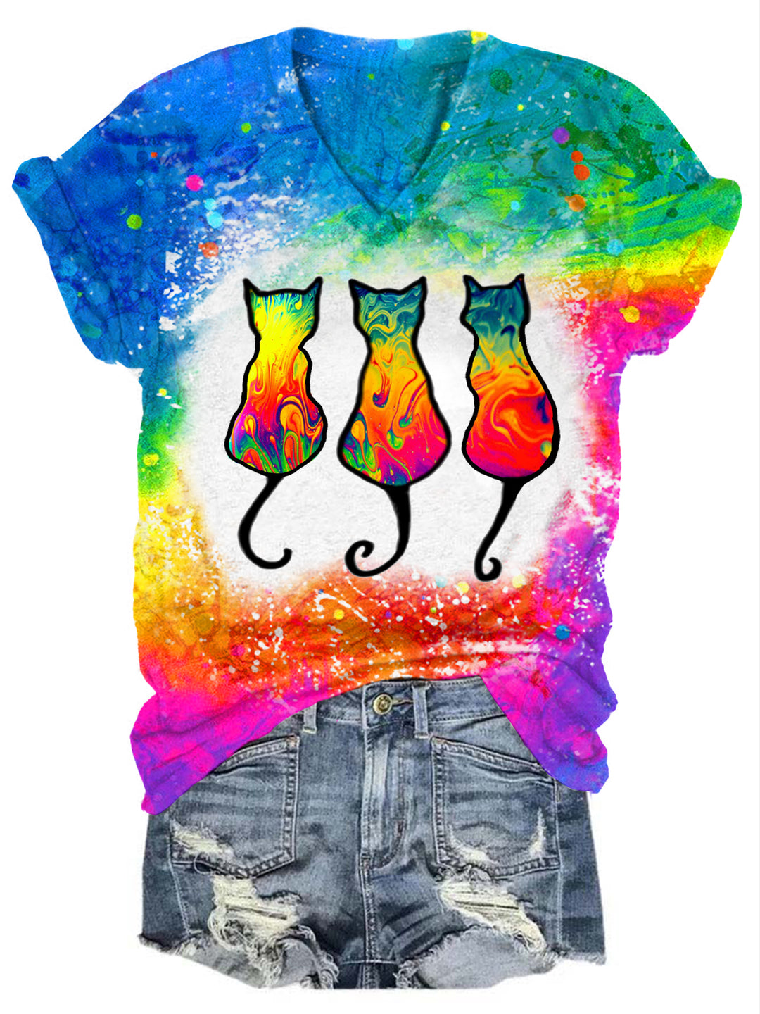 Cat Lava Liquid Print Tie-dye V-neck T-shirt