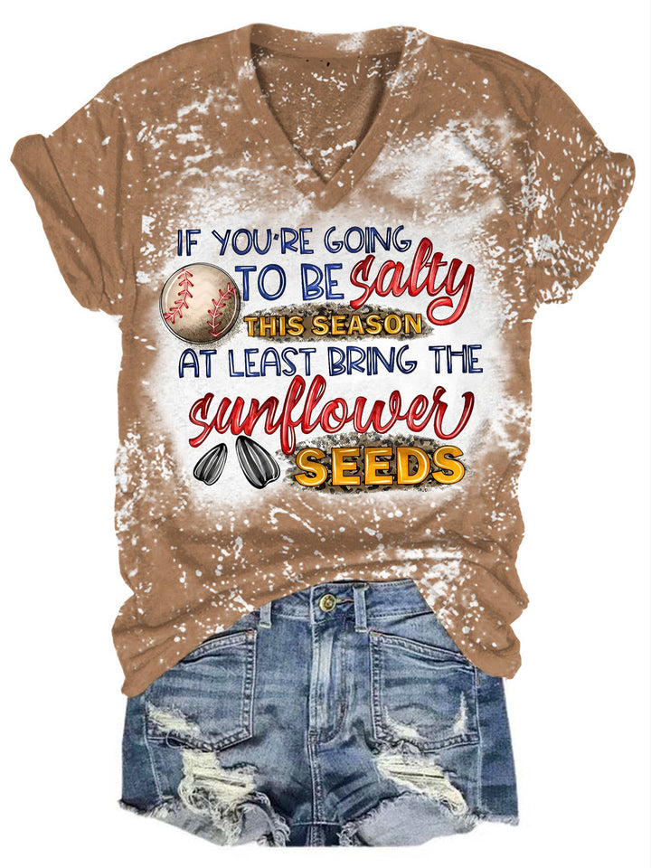 Salty Sunflower Seeds Baseball Print V-Neck T-Shirt