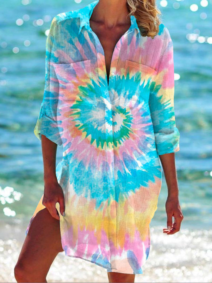 Tie Dye Print Beach Shirt Dress
