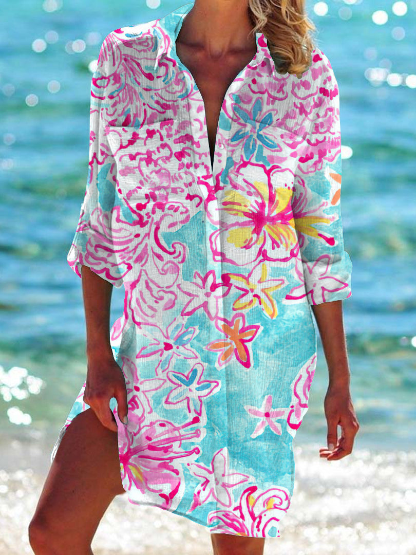 Floral Colorful Print Beach Shirt Dress