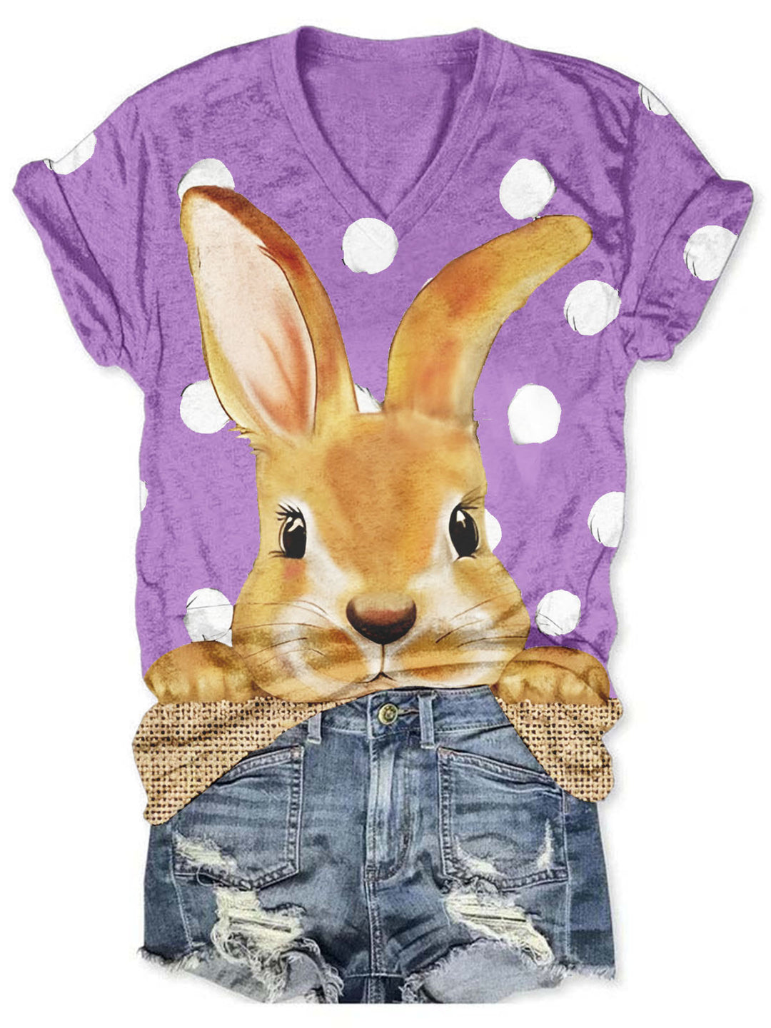 Women's V Neck Bunny Print Easter T-Shirt