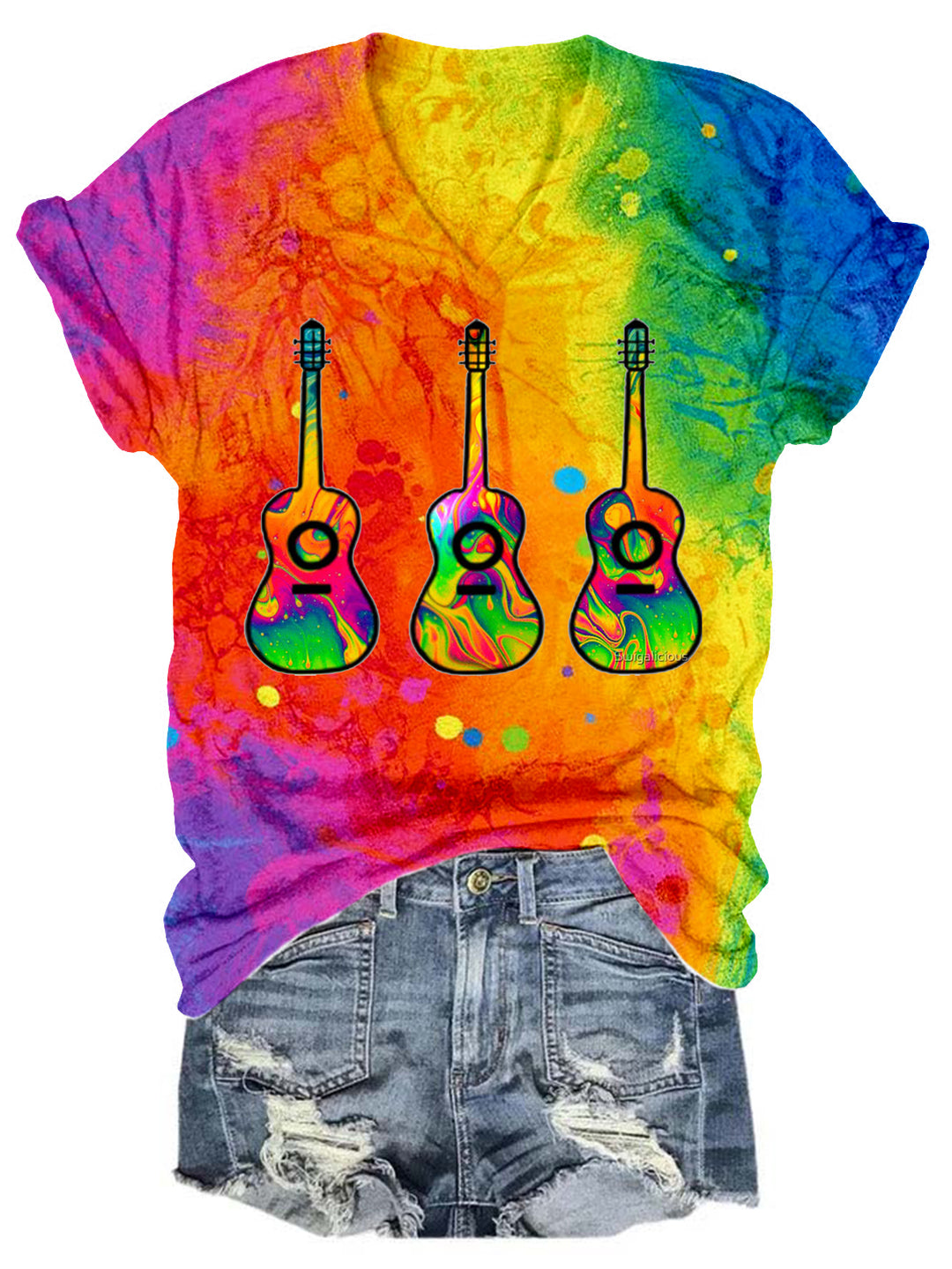 Guitar Lava Liquid Print V-neck T-shirt
