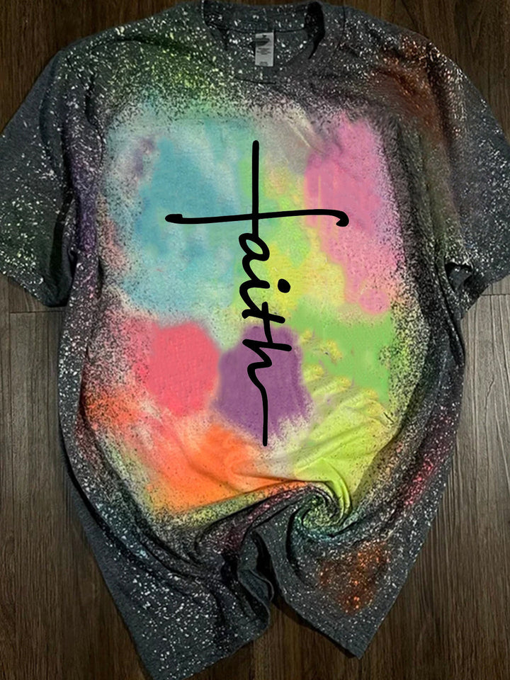 Faith Cross Print Casual Tie Dye Top