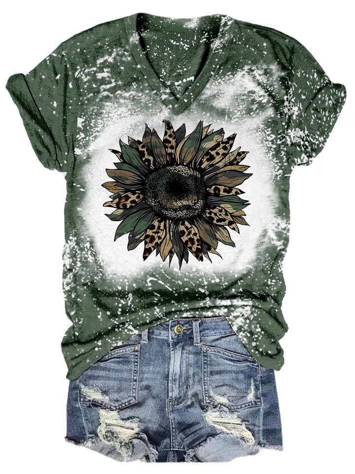 Army Camo Sunflower Print Tie Dye V Neck T-shirt