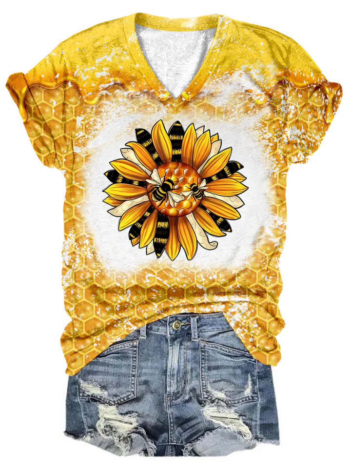Bee Sunflower Tie Dye V Neck T-shirt