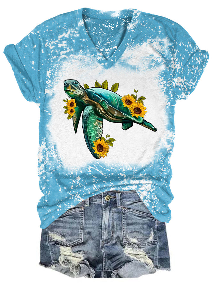 Sunflower Turtle Print Tie Dye V Neck T-shirt