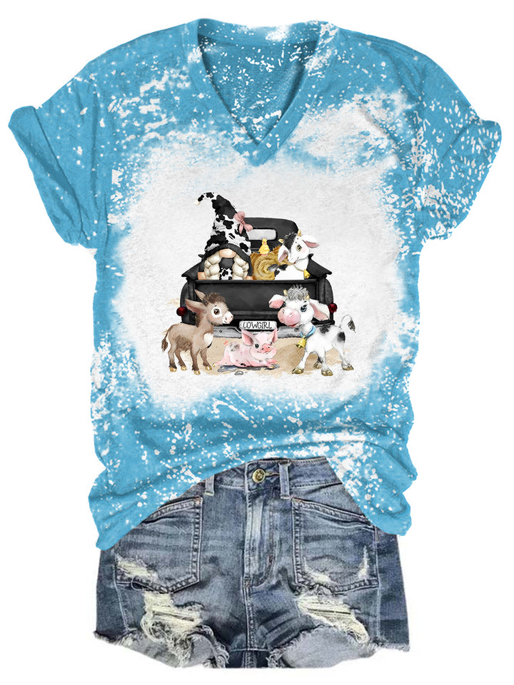 Cow Gnome With Farm Animals Tie Dye V Neck T-shirt