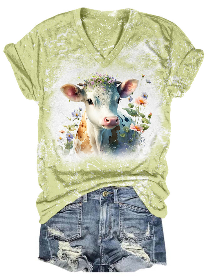 Floral Baby Cow Tie Dye V Neck T-shirt