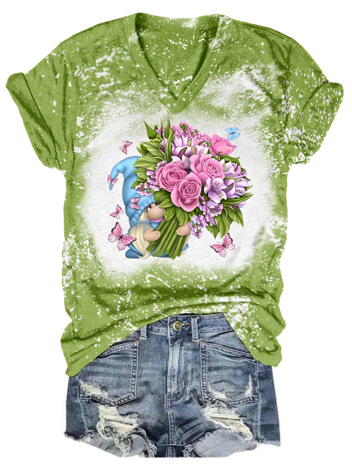 Wish You Happy Flower Butterfly Gnome Tie Dye V Neck T-shirt