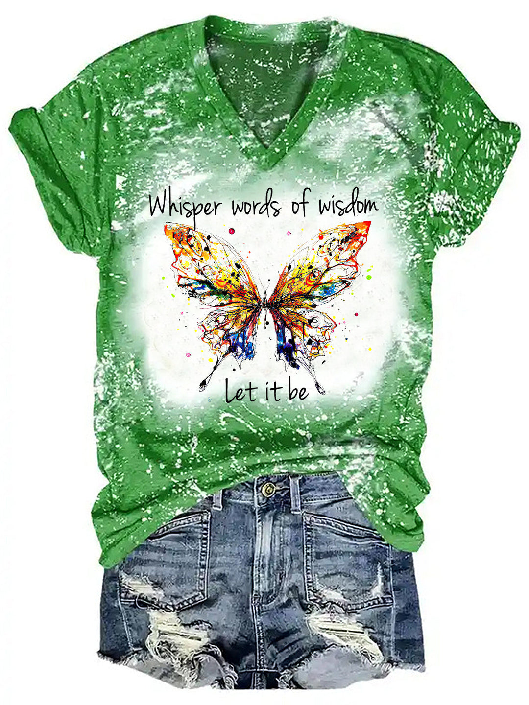 Tie Dye Whisper Words Of Wisdom Let It Be Butterfly V-Neck Shirt