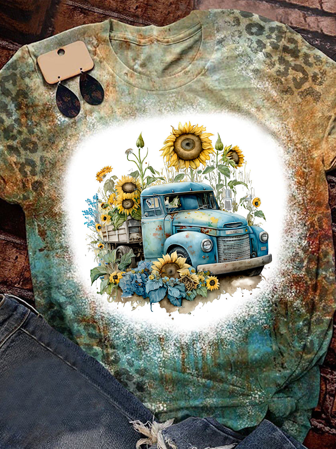 Women's Retro  Truck Sunflower Print Top