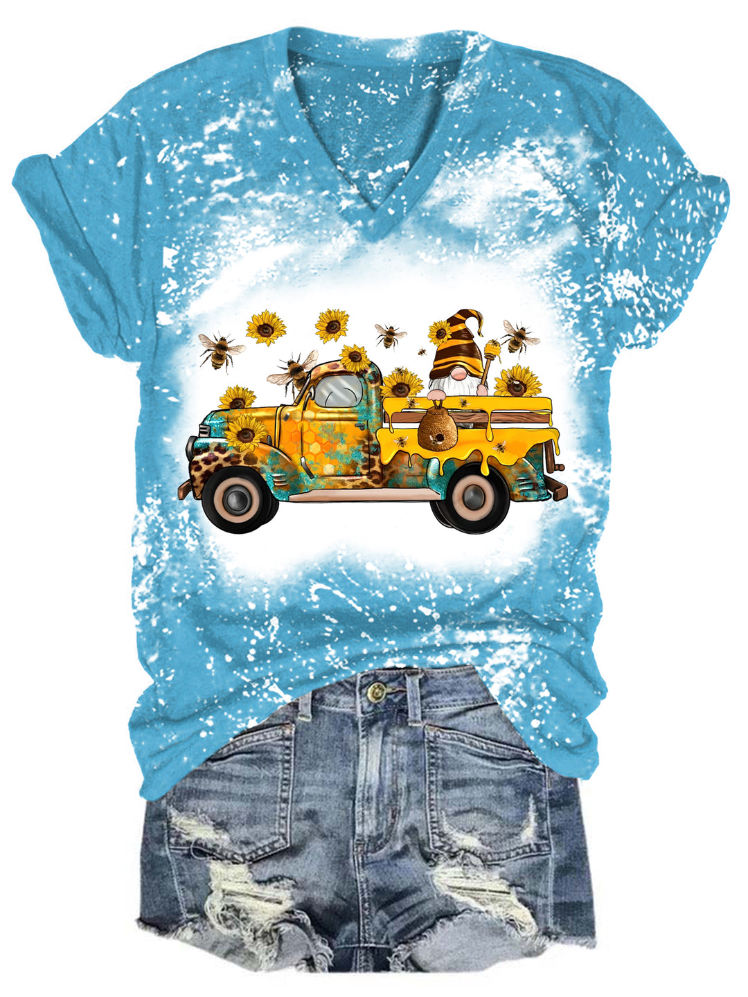 Bee Sunflower Gnome Truck V Neck T-shirt