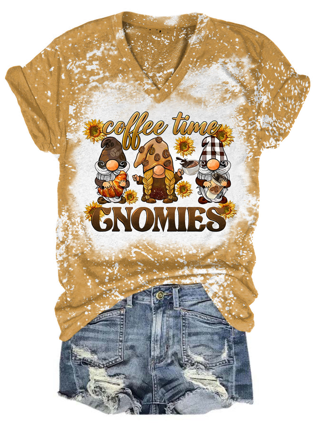 Coffee Time With My Gnomies Bleaching V Neck T-shirt