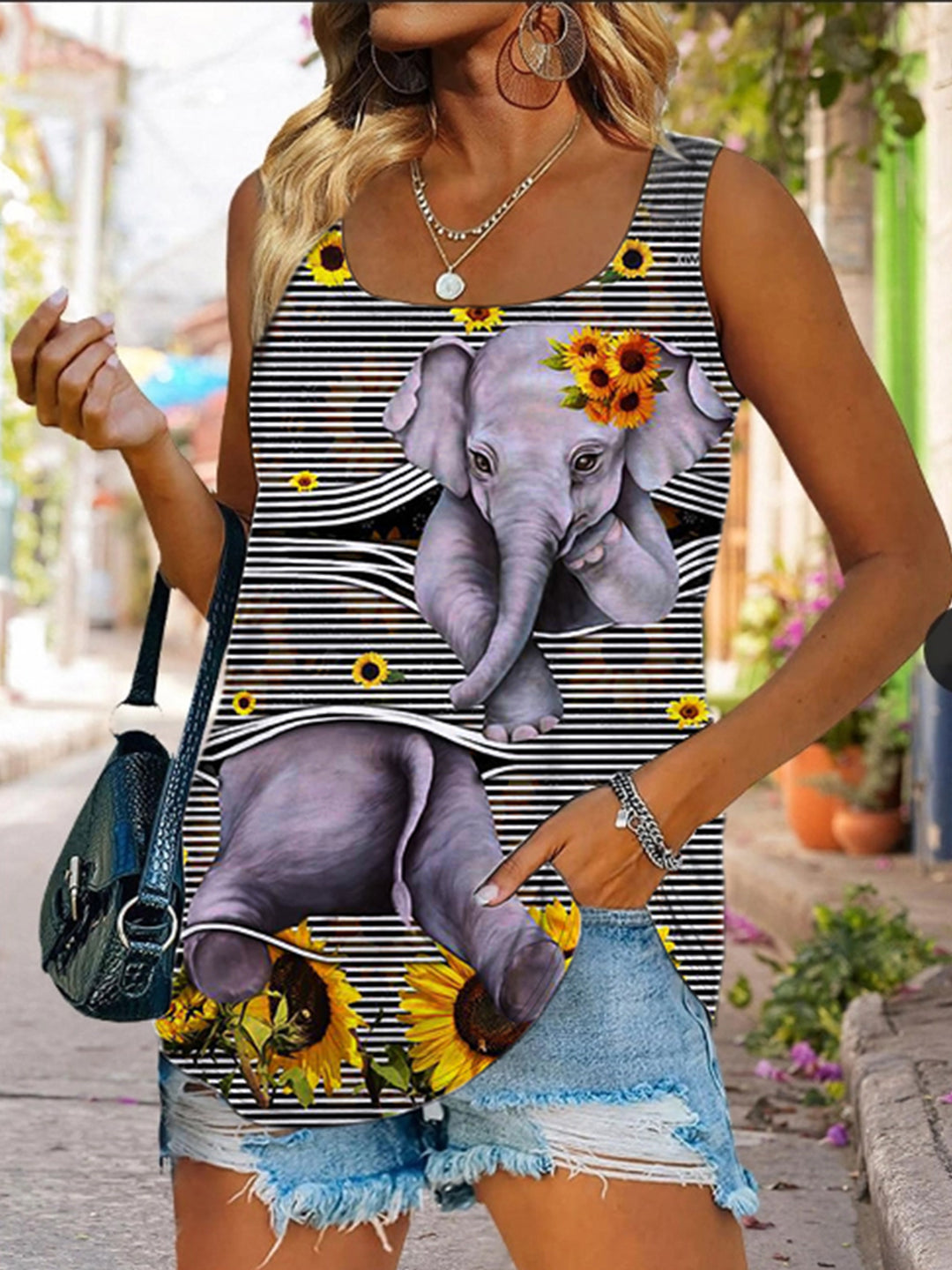 Women's Square Neck Elephant Print Tank Top