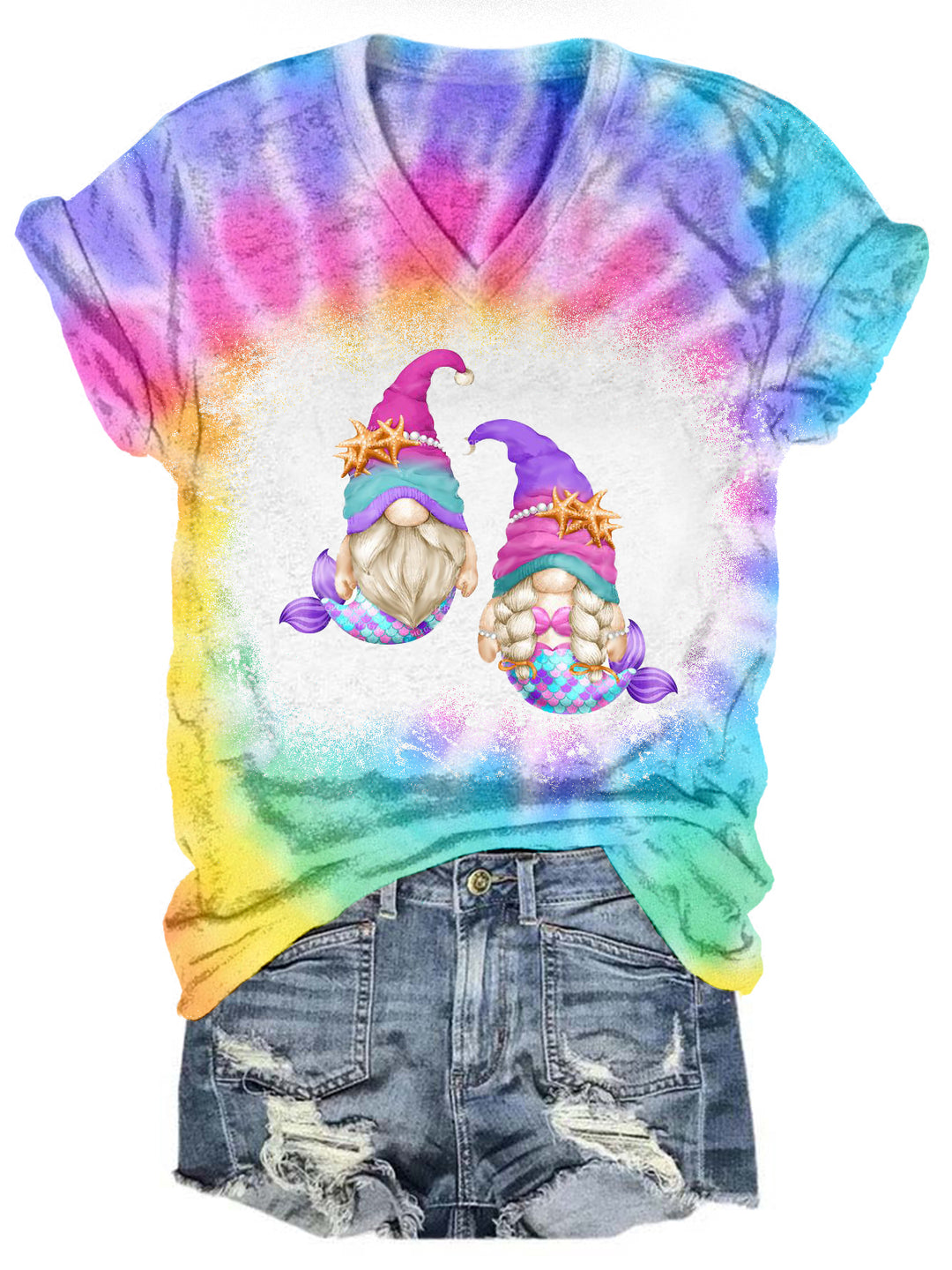 Mermaid Gnomes Tie Dye V Neck T-shirt