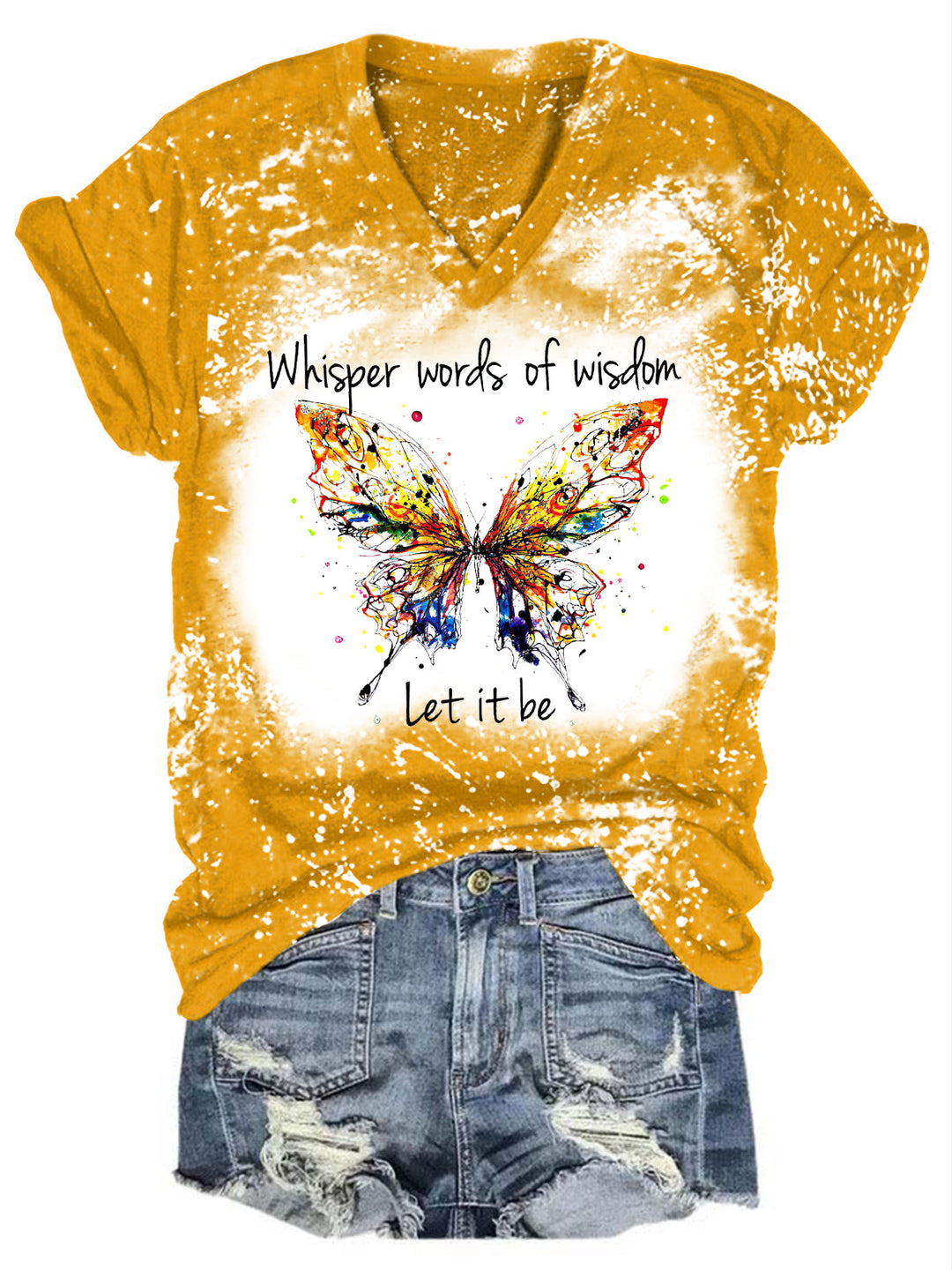 Tie Dye Whisper Words Of Wisdom Let It Be Butterfly V-Neck Shirt