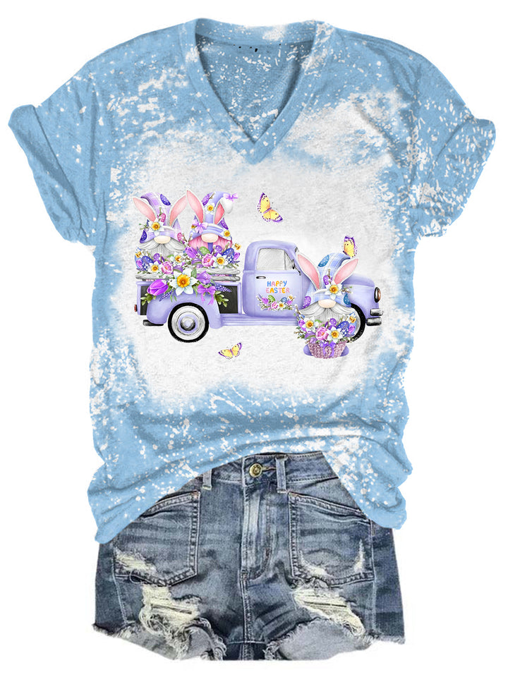 Easter Lilac Gnome Truck Bleaching V Neck T-shirt
