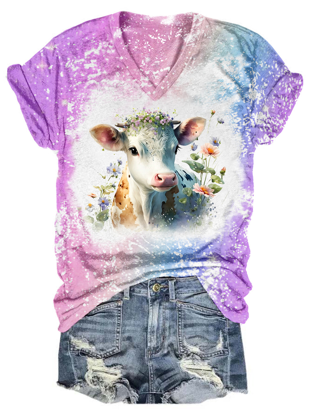 Floral Baby Cow Tie Dye V Neck T-shirt