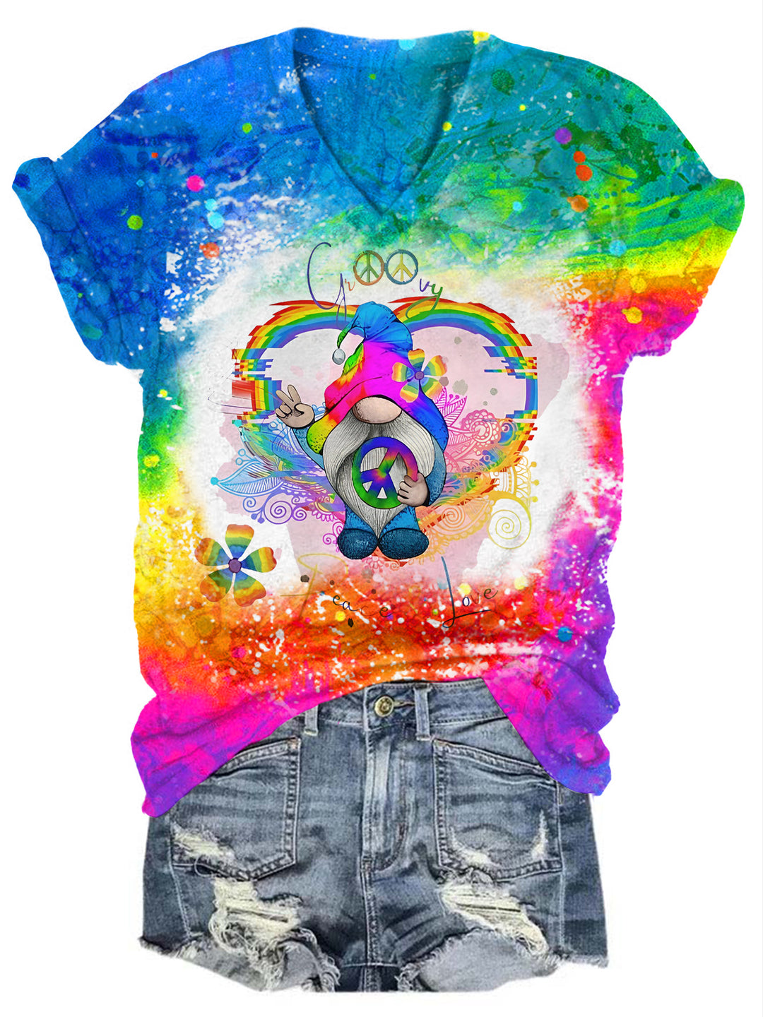 Heart Hippie Gnome Print V Neck T-Shirt