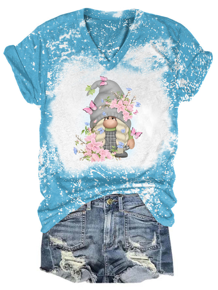 Floral Gnome Tie Dye V Neck T-shirt