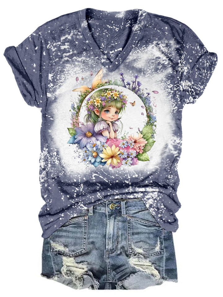 Floral Fairy Tie Dye V Neck T-shirt