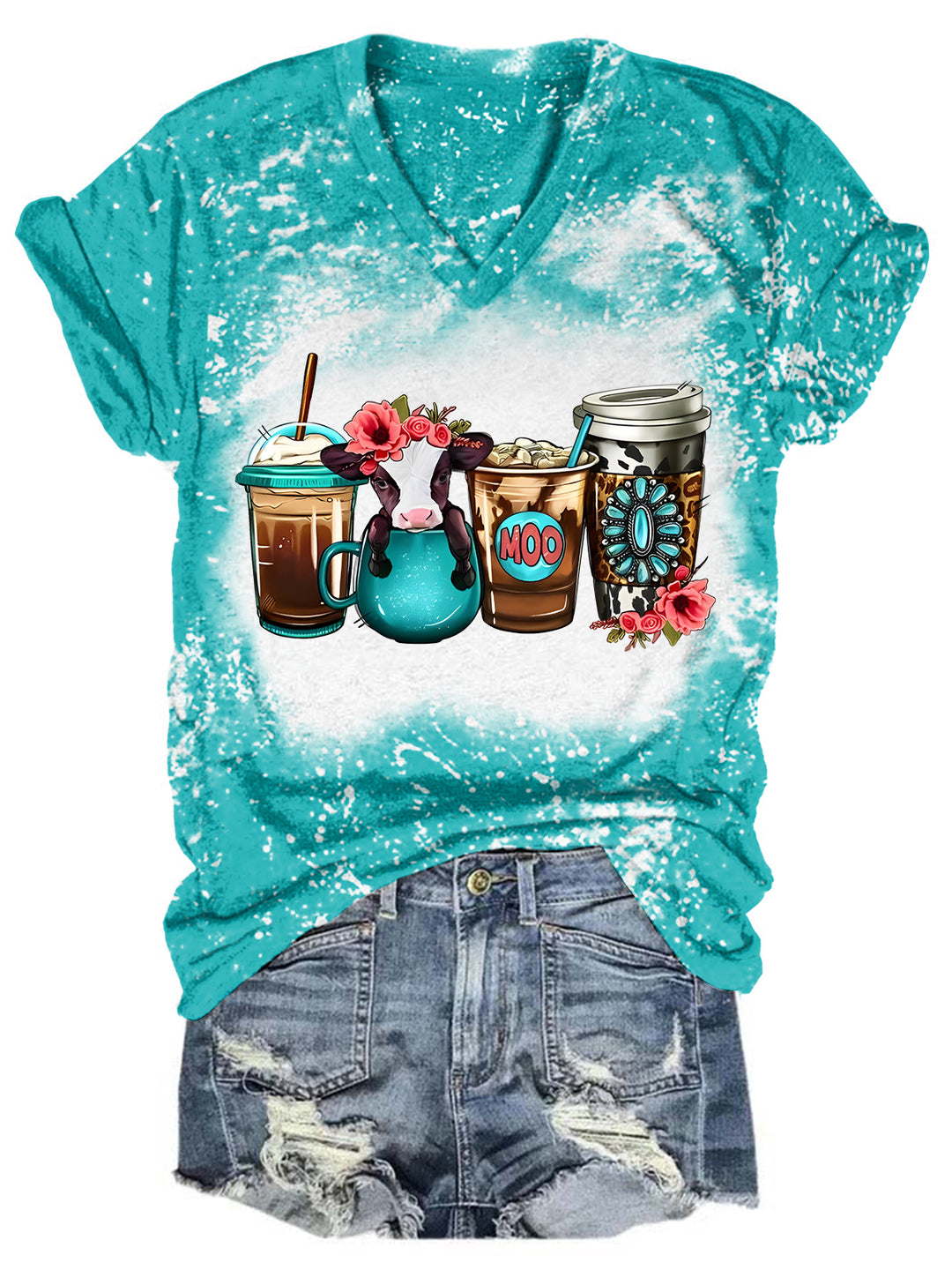 Floral Babe Cow Coffee Drink Tie Dye V Neck T-shirt