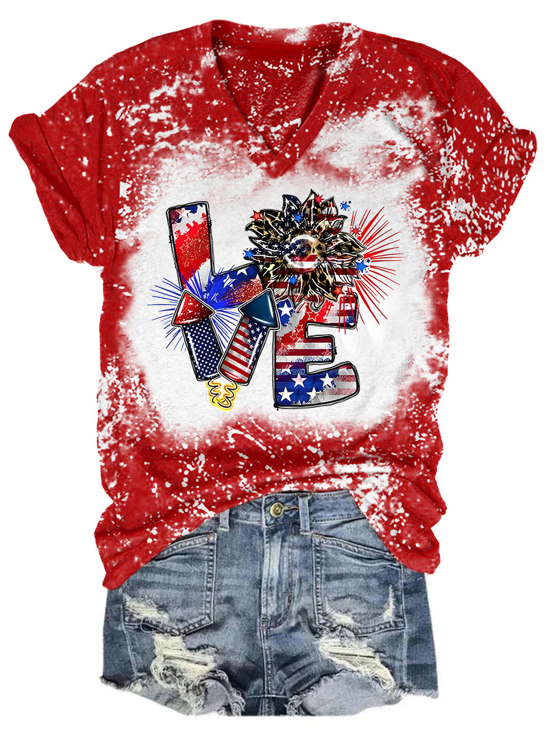 Love American Flag Sunflower Bleaching V Neck T-shirt