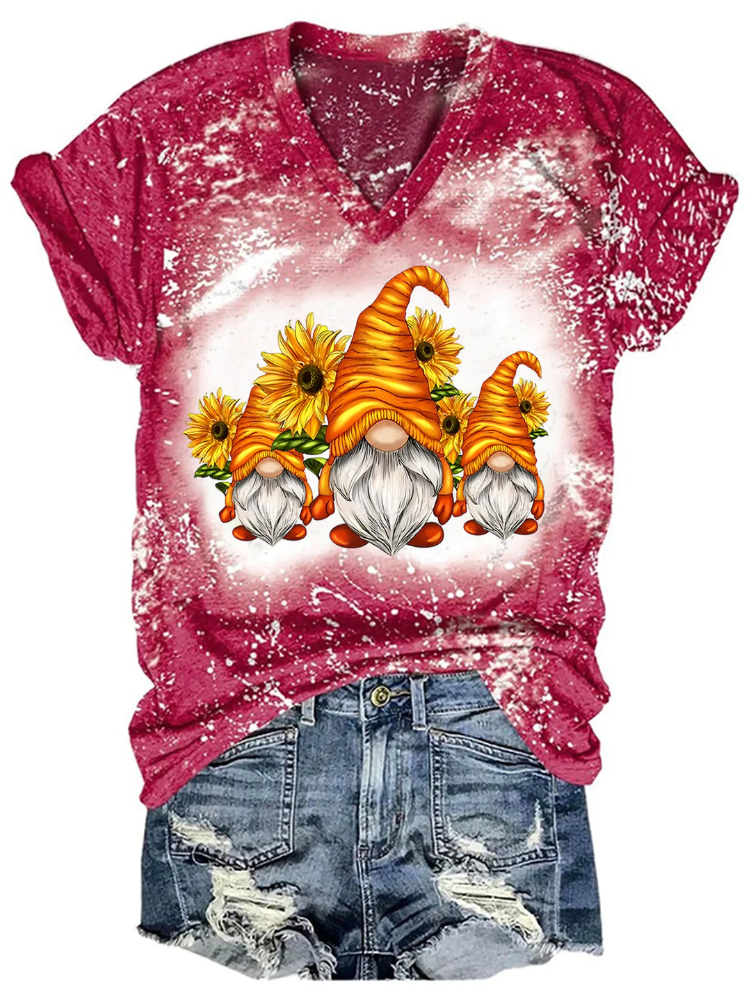 Women's Sunflower Gnome Print Tie Dye Top