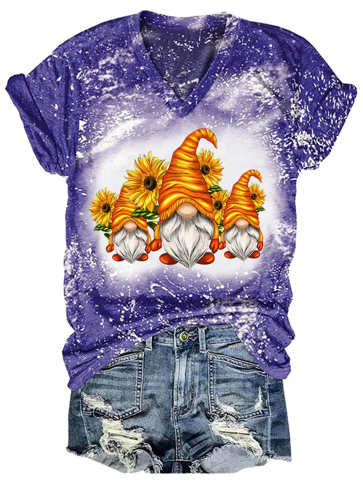 Women's Sunflower Gnome Print Tie Dye Top