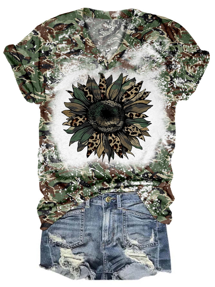 Army Camo Sunflower Print Tie Dye V Neck T-shirt