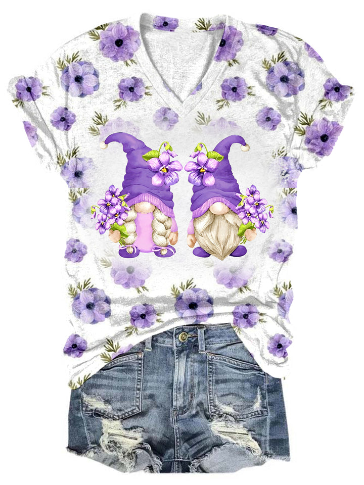 Violet Flower Gnomes Tie Dye V Neck T-shirt