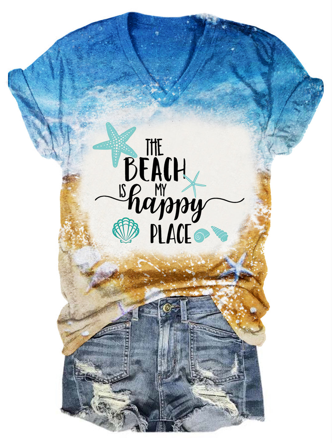 The Beach Is My Happy Place Tie Dye V Neck T-shirt