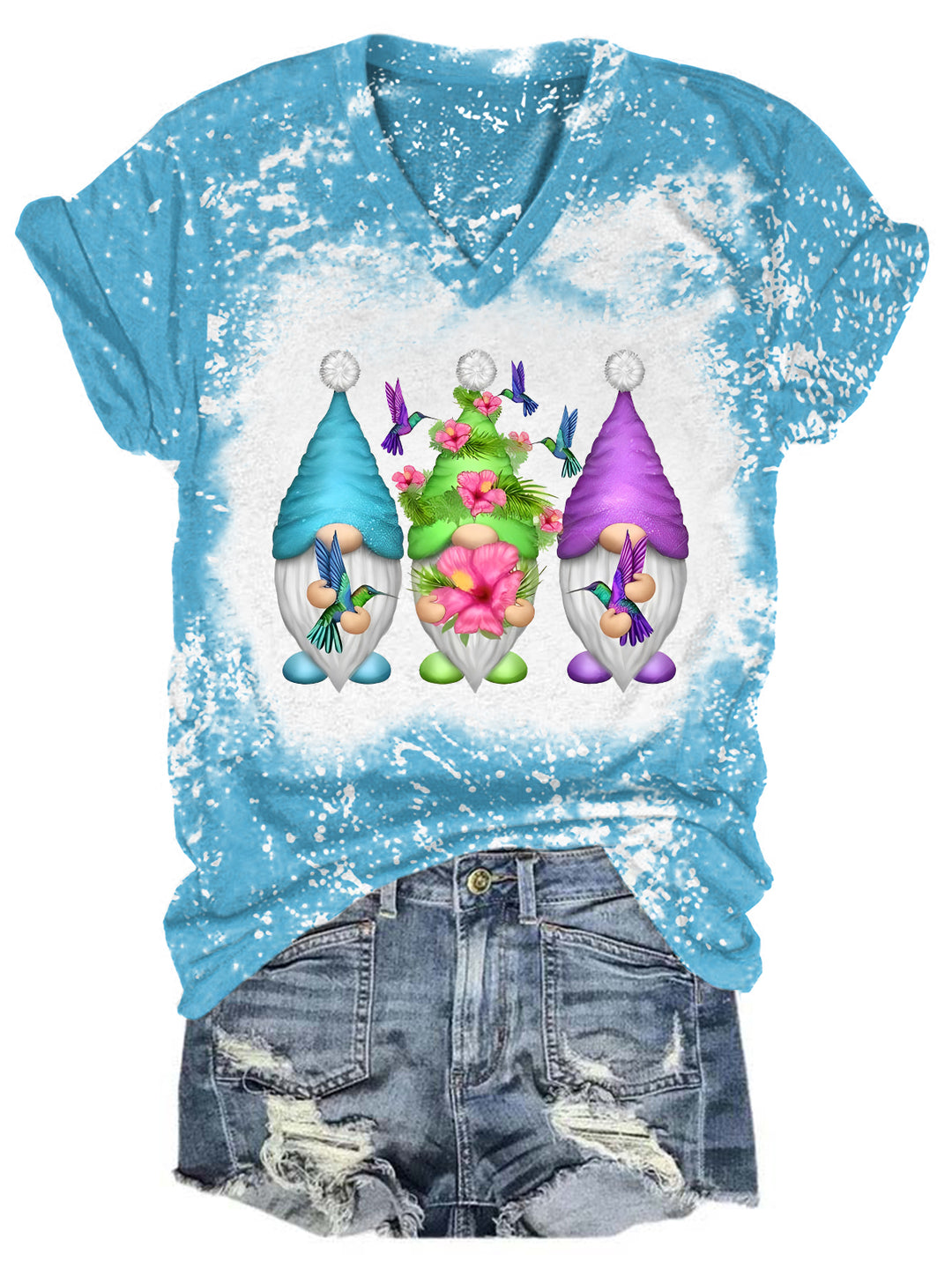 Hummingbird Gnomes Tie Dye V Neck T-shirt